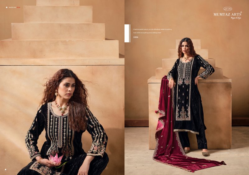 Saanjh By Mumtaz Arts Crush Velvet Embroidered Designer Salwar Suits